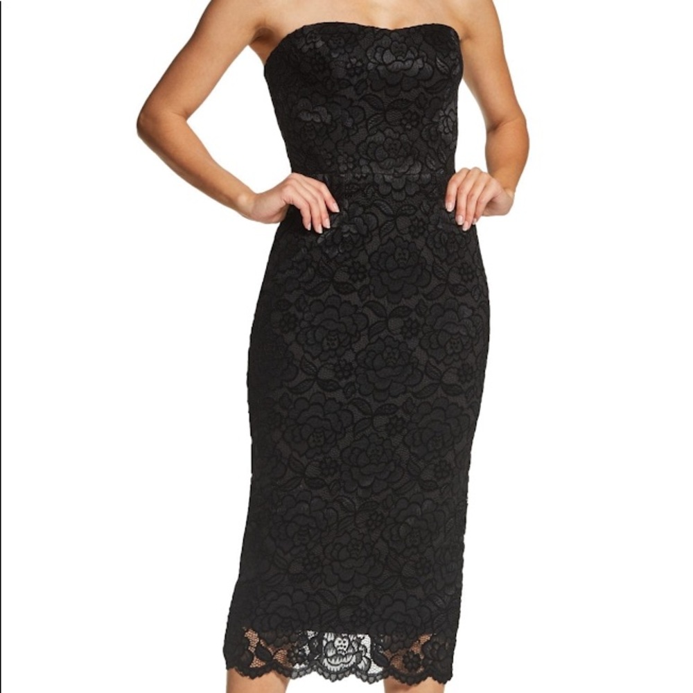 Dress The Population Strapless Lace Midi Dress
